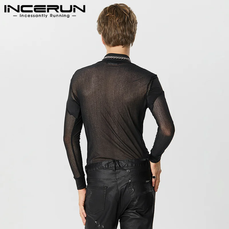 Sexy Style Mens Jumpsuits INCERUN Fashion Mesh Patchwork Patch Jumpsuits Casual Hot Selling Male Thin Long Sleeved Rompers S-5XL