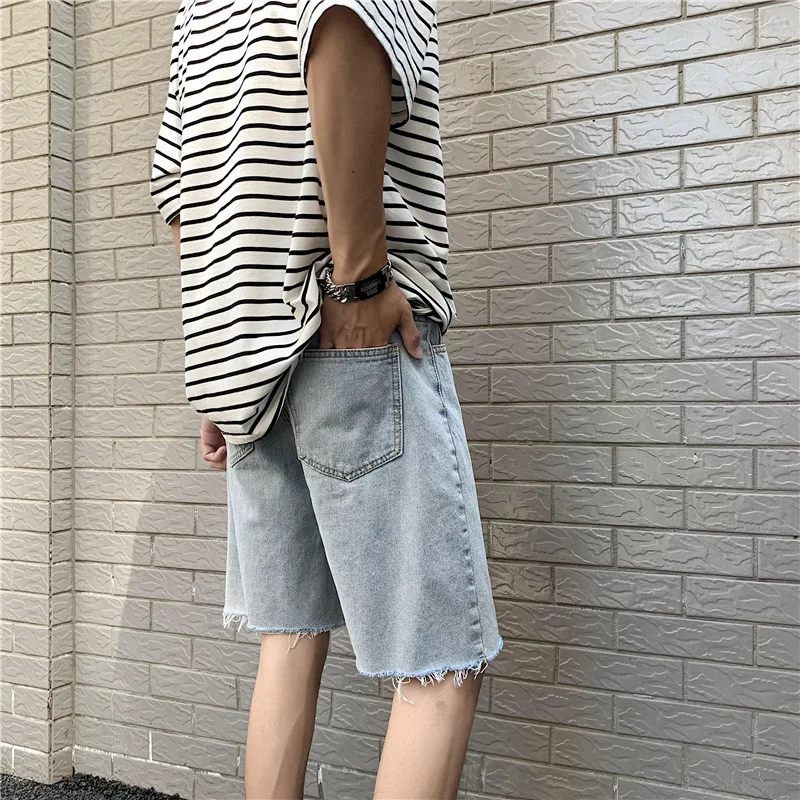 2023 Summer New Fashion Denim Shorts Men Ripped Raw Edge Pants Korean Version Loose Straight Five-point Pants Boutique