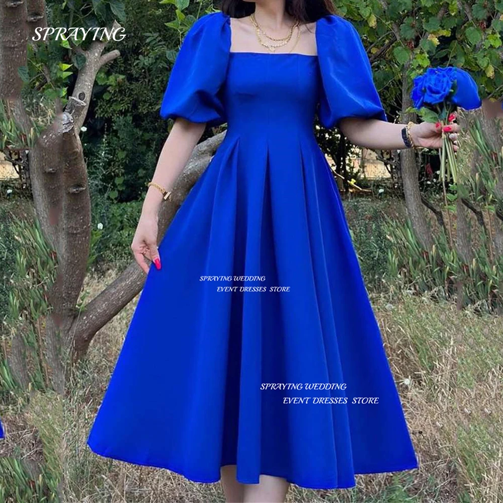 

SPRAYING Princess Blue Square Neck Evening Dress A Line Puff Sleeve Prom Gown Knee Length Formal Occasion Dresses Plus Size