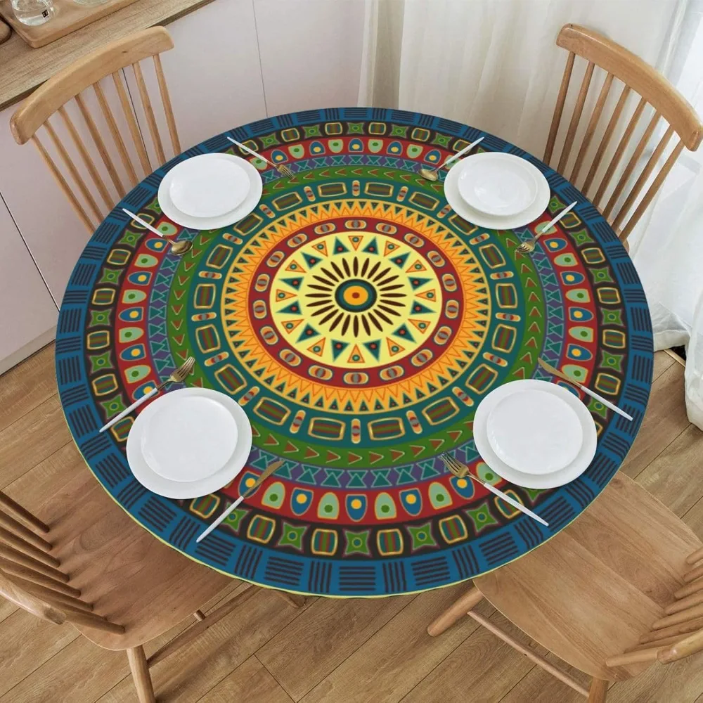 Round Table Cloth Blue and Green Mandala Tablecloth Elastic Edge Fitted Table Cover Fits Tables Up to 40