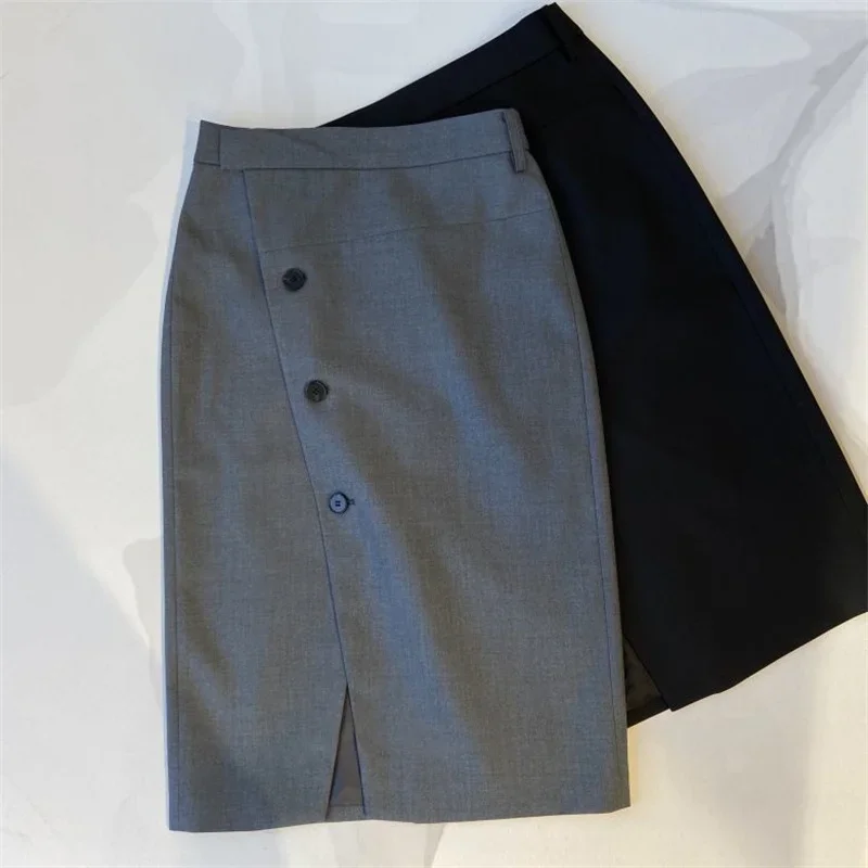 ฤดูใบไม้ผลิฤดูร้อนใหม่ Office Lady กระโปรงผู้หญิงสูงเอวเดี่ยวแยก A-Line ห่อสะโพกกระโปรง Elegant Jupe
