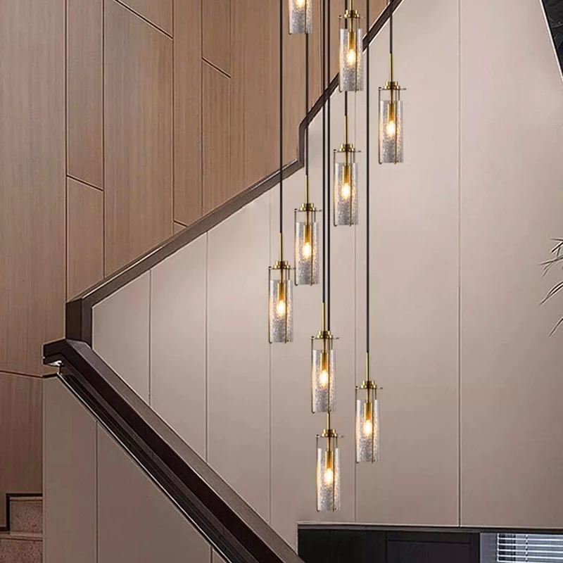 Nordic Cracked Glass Chandelier Home Decor Pendant Light Luxury Living Room Staircase Lighting LED All Copper Ceiling Chandelier