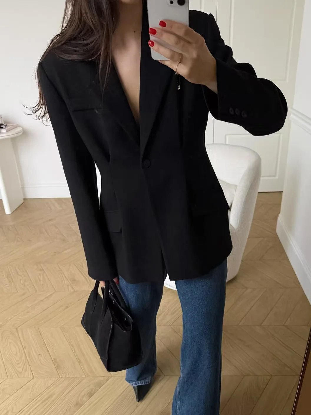 Fashionable Slim Fit Suit Jacket Casual Versatile Stylish Leisure Polyester Women's Mid-Length Pure Color One-Button