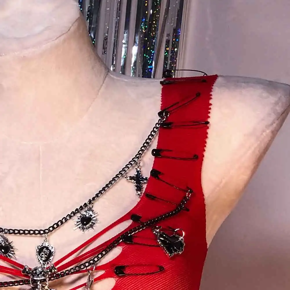 Emo Punk Rock Skull Hip Hop 90s Grunge Kawaii E-Girls Goth Teen Gothic Dress Chain Eco Pin Y2K TOPS Hand Made DIY Harajuku