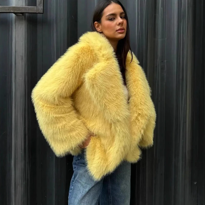 TARUXY Open Collar Faux Fur Thicken Jacket Women's Fashion Loose Long Sleeves Elegant Outwear 2025 Winter New Commuting Coat