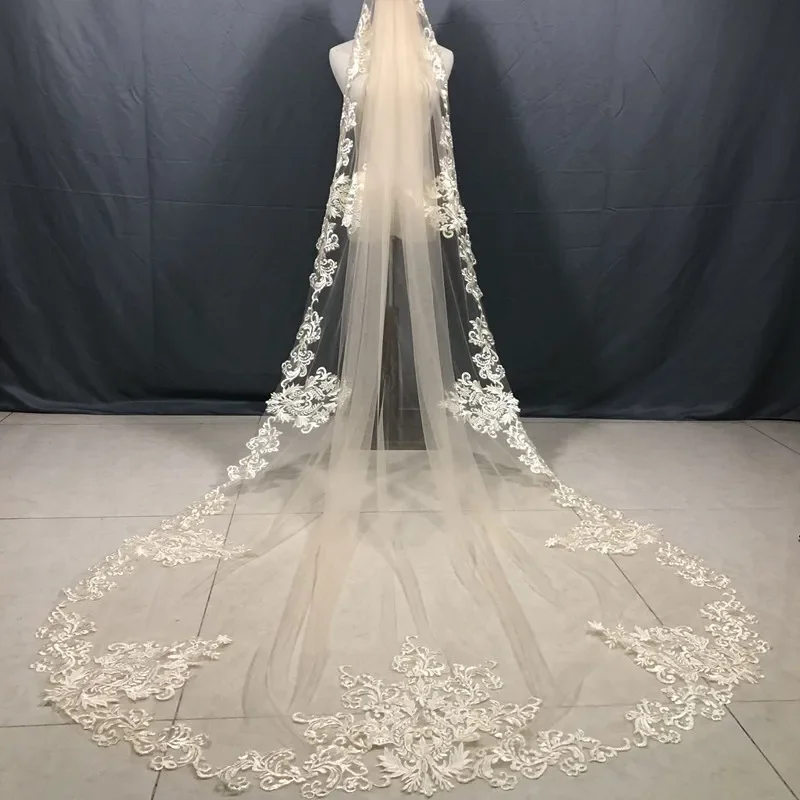 

Champagne Romantic Lace Wedding Veil 1 Tiers 3M Long Veil with Comb Cathedral Length Bridal Veil