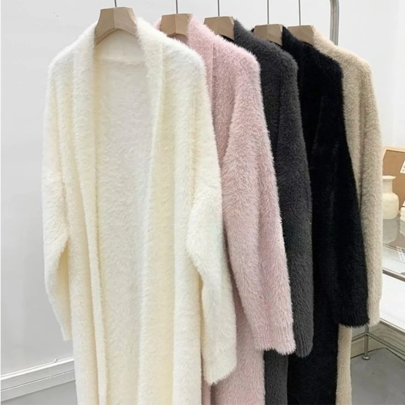 

Women Knitted Cardigan Sweaters Faux Mink Fur Long Jumpers Solid V Neck Long Sleeves Open Stitch Loose Casual 2025 Autumn Winter