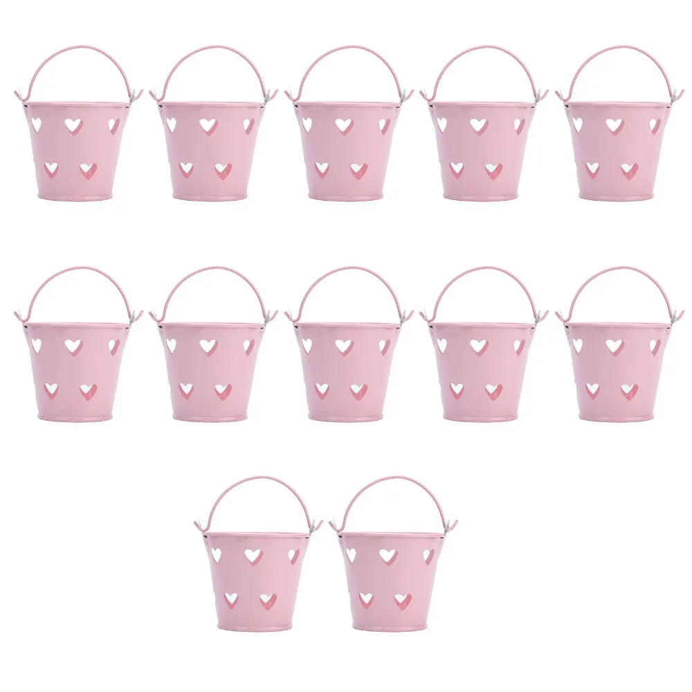 12pcs Metal Decorative Bucket 2.36x2.09in Pink Candy Container with Handle Hollow Heart Shaped Storage Pail Home Wedding