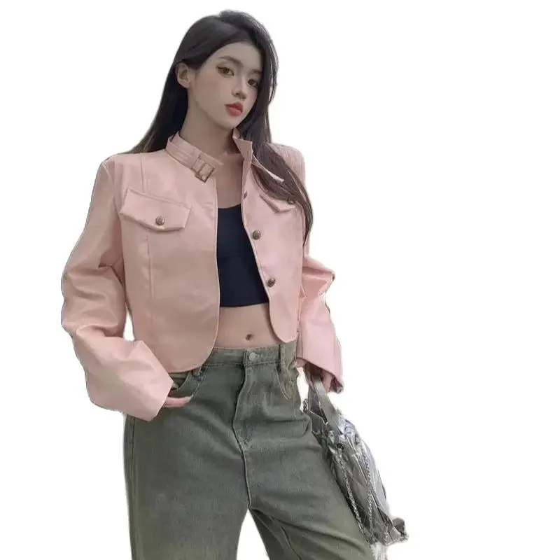 Leather Cropped Jacket Stand Collar Button Design Pink Spring Vintage Long Sleeves Women Coat Solid Windbreaker Korean Fashion