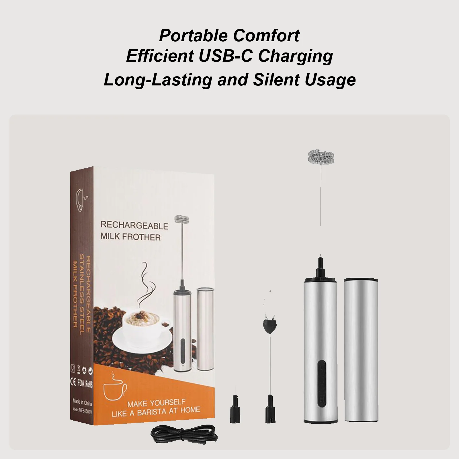 Electric Milk Frother Handheld Type-C Rechargeable 3-Speed Stainless Steel Frother Wand for Coffee Milk Protable Kitchen Foamer