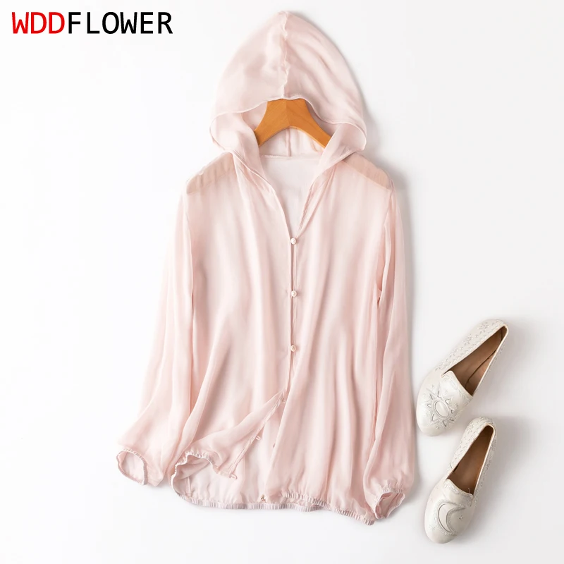 

Women Cardigan 100% Mulberry Silk Hoodie Thin Type Pink Buttons Down Long Sleeve Coat Top Blouse Summer Beach Cover Up M1152