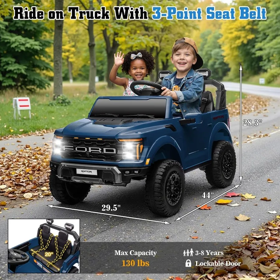 24V 전동차 라이선스 F-150 랩터 전기차 리모컨 포함 LED 라이트/음악/MP3 트럭 적재함 수납 3점식 안전벨트