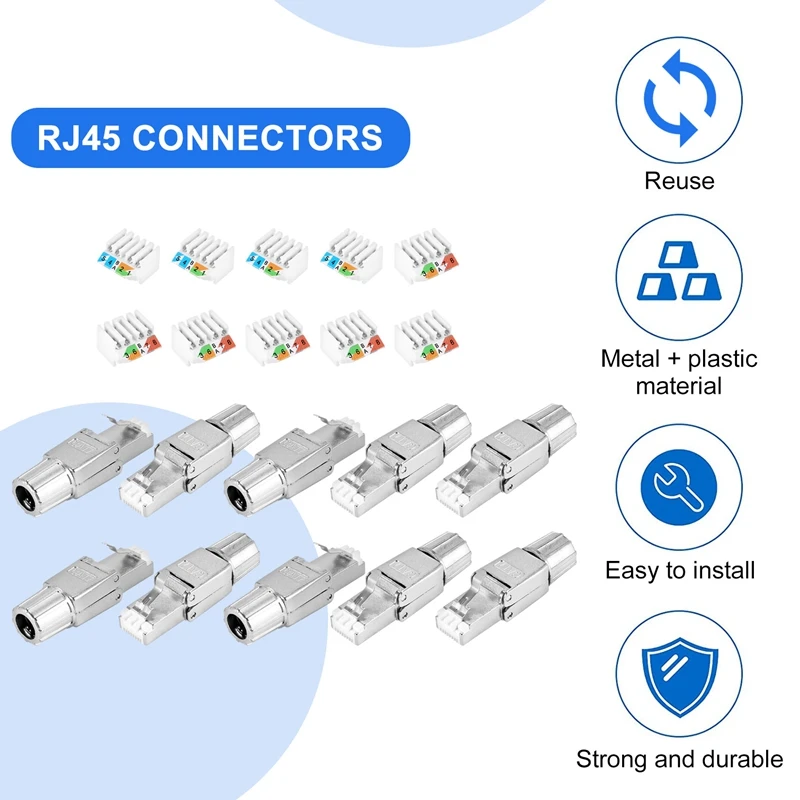 RJ45 Cat7 Connectors Tool-Free Reusable Shielded Ethernet Termination Plugs, Internet Plug, Fast Field Installation