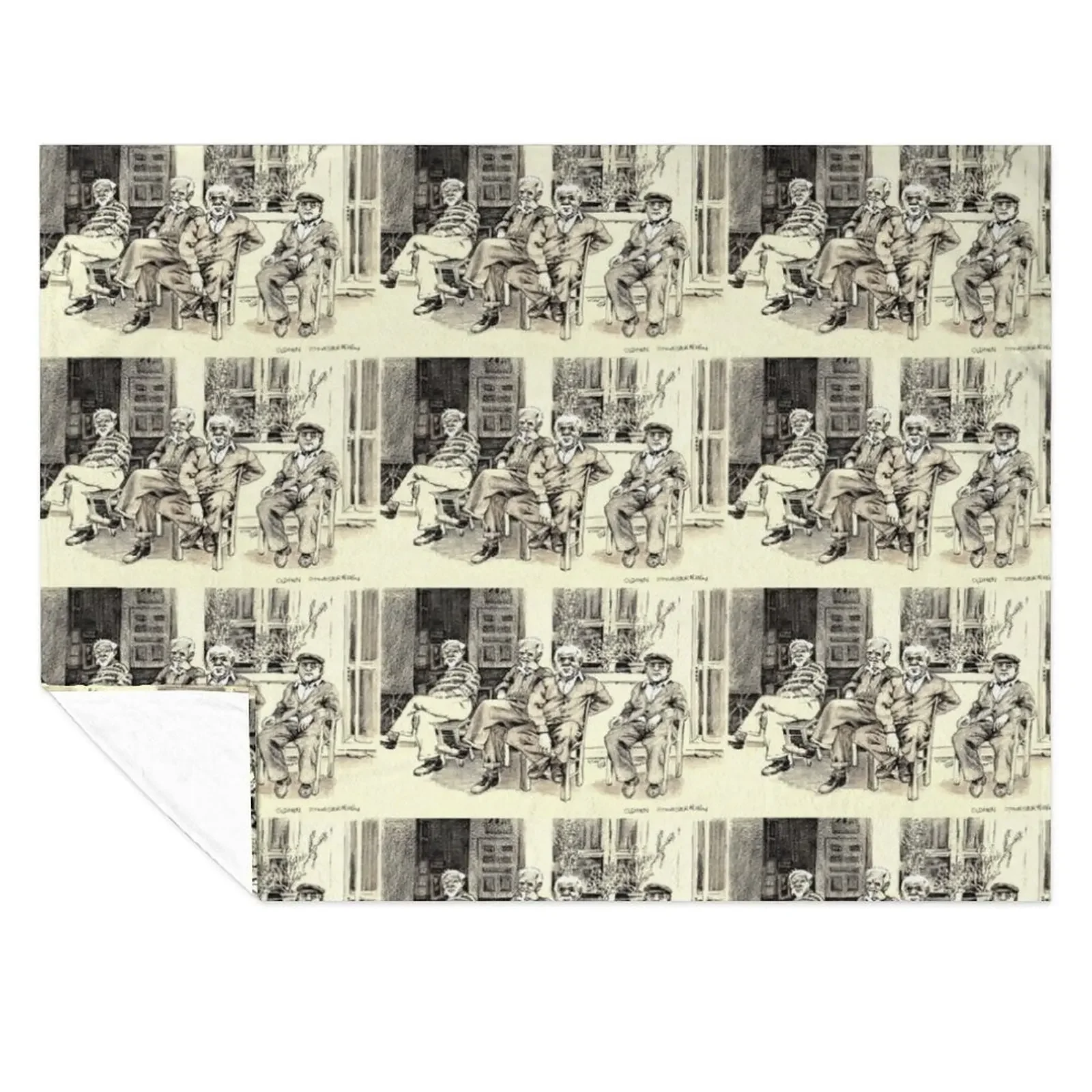 

Four Old Men Sitting Outside - Pen Drawing By Don Sylvester Throw Blanket Large christmas gifts Bed linens sofa bed Blankets