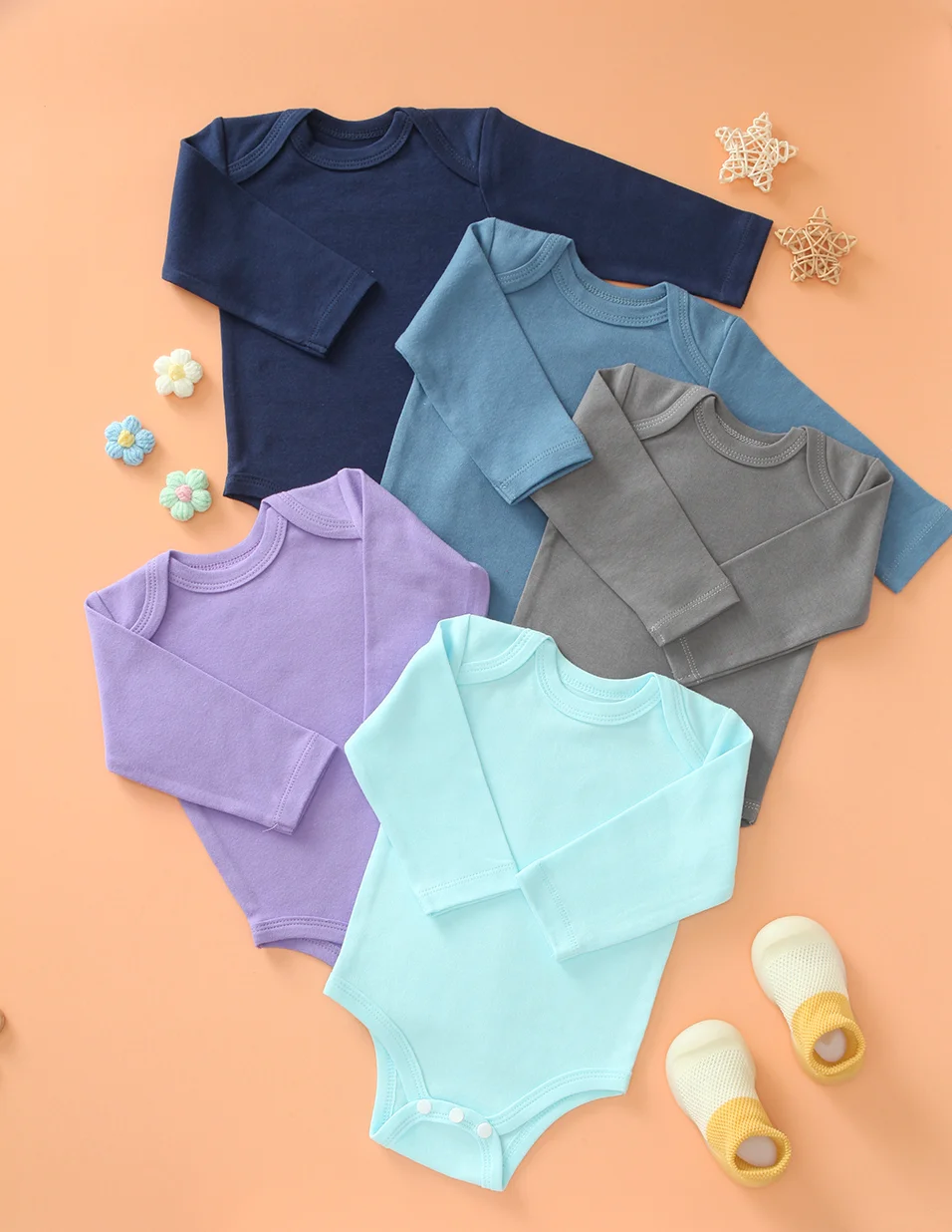 

Комплект из 5 комбинезонов с длинными рукавами для маленьких мальчиков и девочек, мягкий хлопковый треугольный комбинезон для младенцев, однотонные боди для ползания младенцев