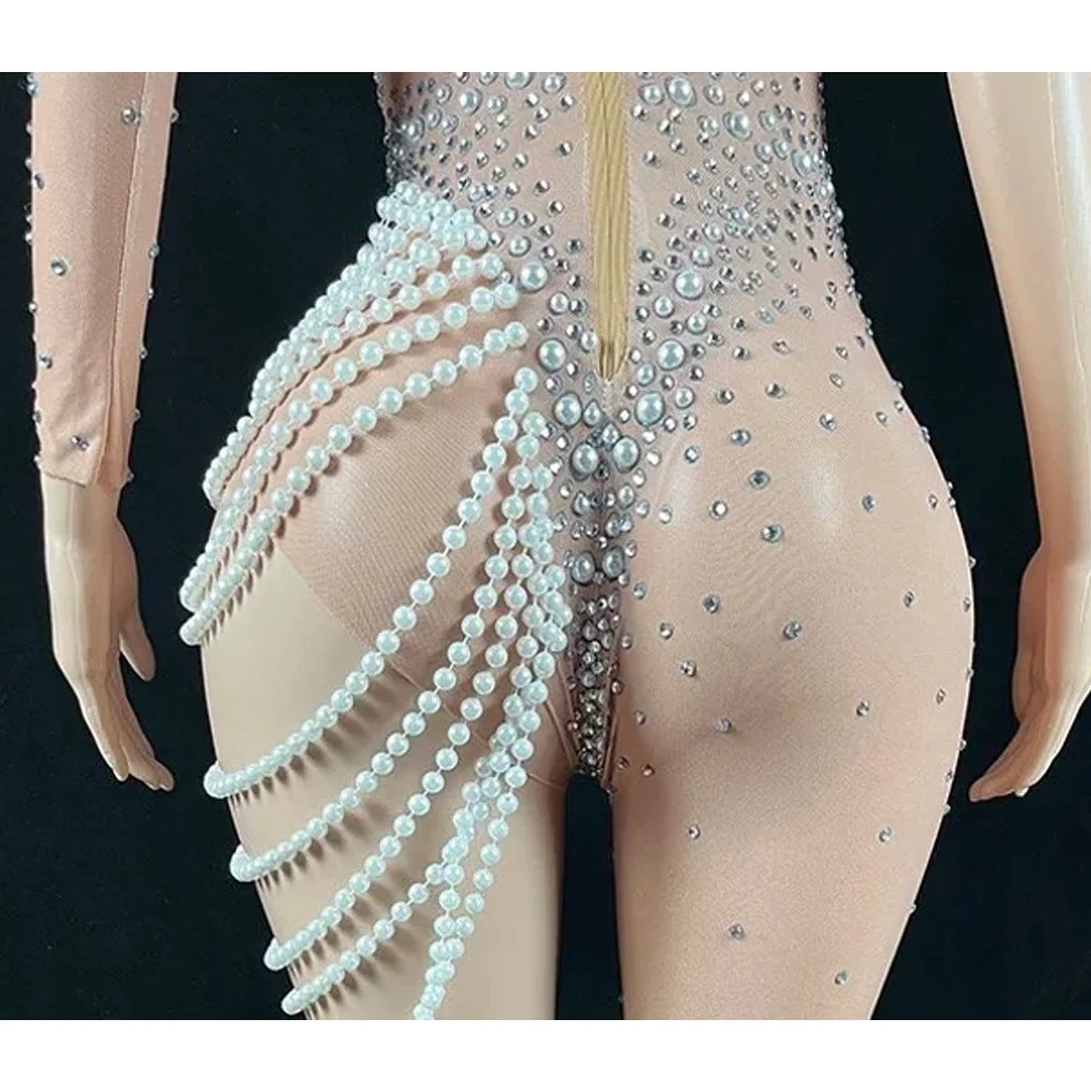 Bodysuit maternidade embelezado para mulheres, sessão fotográfica da gravidez, macacões luxuosos do clube, charmoso Sexy Beading Pérola Rhinestion