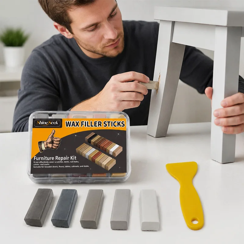 5Pcs Super Strong Wood Repair Wax Blocks + 1Pc Scraper Set—Light Gray and White Series Wood Floor Wax Block Kit, Suitable for Wooden Furniture and Floors, Furniture Repair Marker Pen, Linseed Oil Floor Repair Set with Scraper, Effectively Covers Scratches, Dents, Nail Holes, Cracks, and Stains Suitable for Wooden Doors, Floors, Tables, Cabinets, Desks. Indispensable Woodworking Tools, a Great Choice!