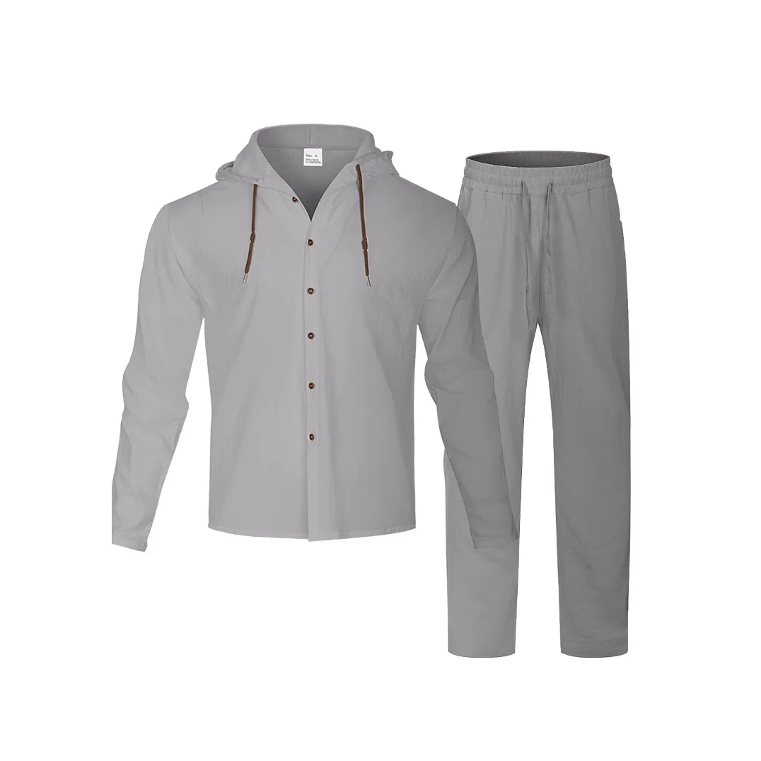 2025 Men Linen Hoodie Long Sleeve Shirt Pants Set Spring Summer Casual Pure Color Lightweight Streetwear Loungewear Two Piece Ou - view 4