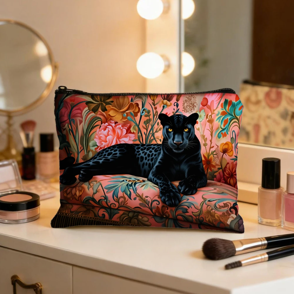 Black Panther Floral Pattern Print Makeup Bags for Girls Cosmetic Pouch Toiletry Bag Pencil Case Travel Storage