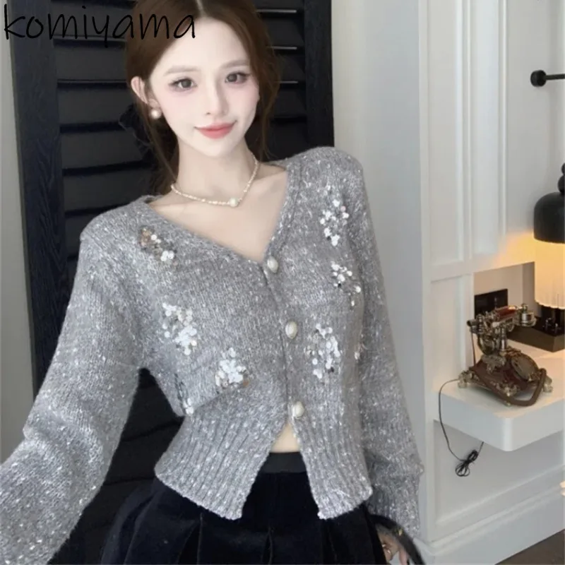 Sequine Knit Cardigan V-neck Long Sleeve Outerwears Spring New Sweater Exquisite Single Breasted Women Clothing New Cardigans