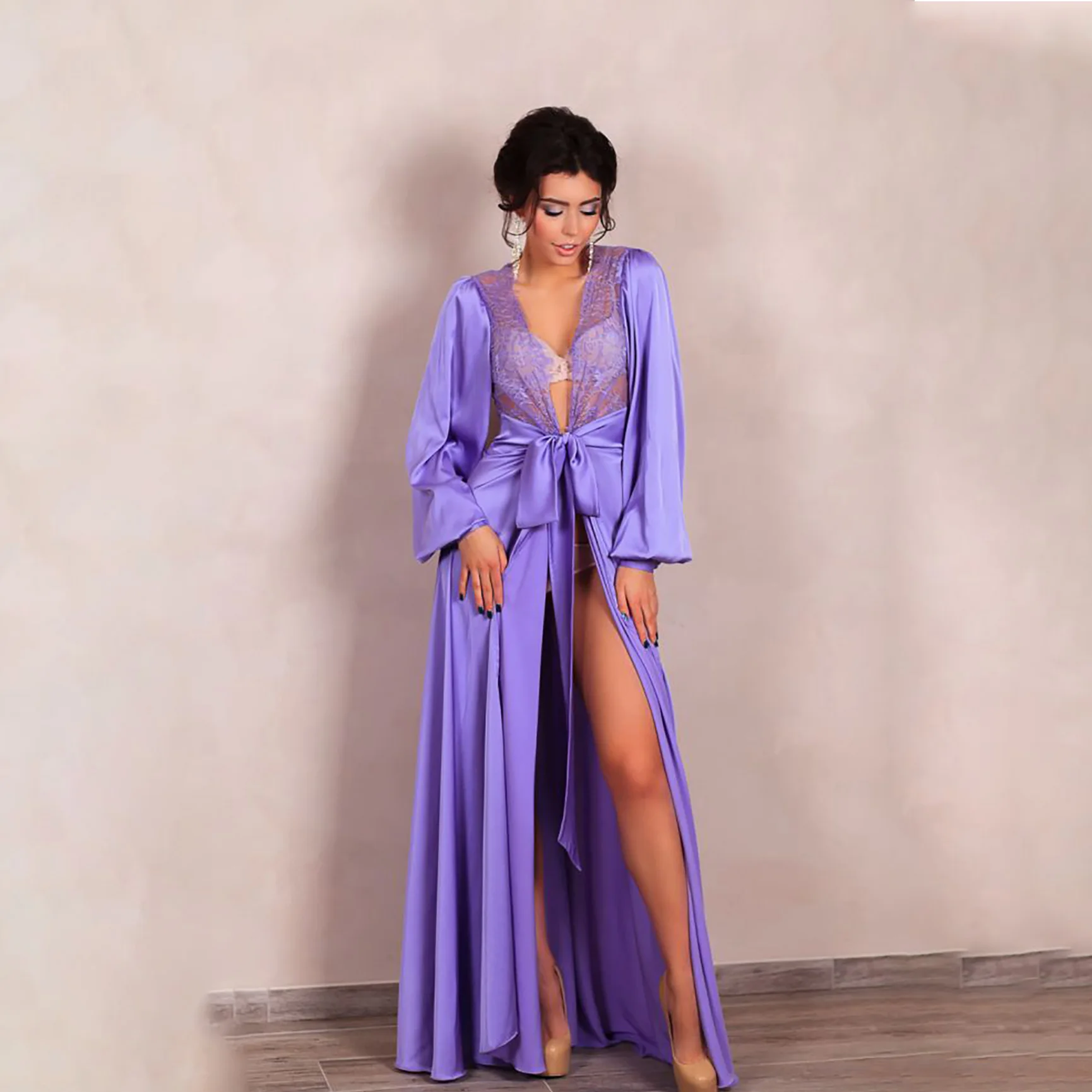 Soft Silk Women's Nightwear Sexy Hollow Out Lace Front Dressing Gown Comfort Pajamas Robe Housecoat Sleepwear Customized