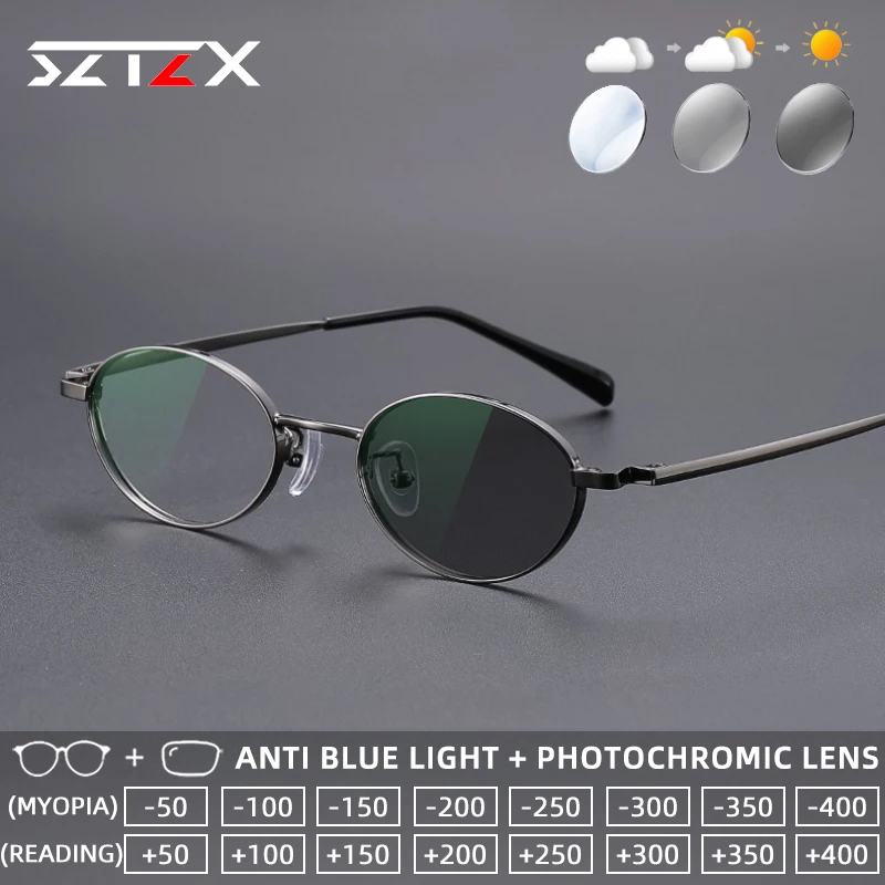 

SZTZX Classic Retro Men Titanium Photochromic Reading Eyewear Anti Blue Light Myopia Glasses Progressive Prescription Glasses