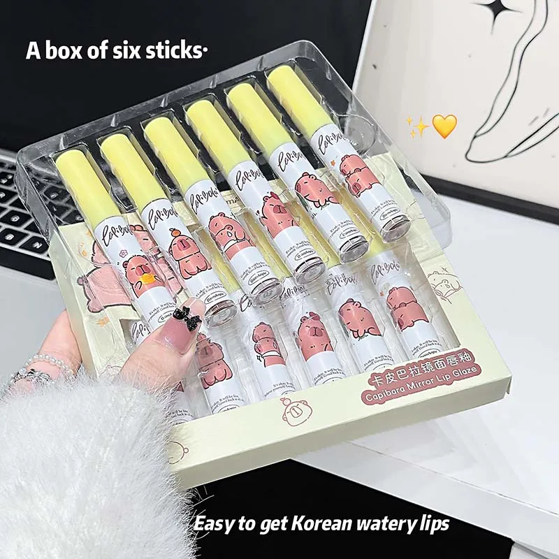 6-color  Mirror Lip Glaze Set Cute Capybara 6 Colors Highly Pigmented Lip Stain Hydrating Glossy Lip Makeup Perfect Gift