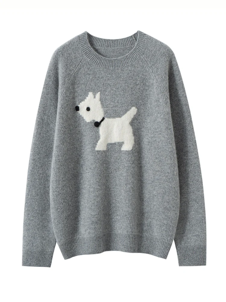 

MEETCC Women's New 100% Cashmere Sweater O Neck Hand Embroidered Puppy Pullover Autumn Winter Soft Warm Long Sleeve Chic Tops