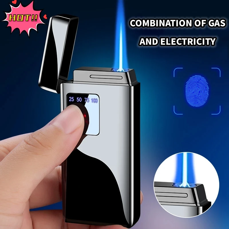 Metal Electric Blue Flame Ice Plating Digital Display Power Touch Sensor Outdoor Windproof Jet Cigar Torch Lighter Without Gas 