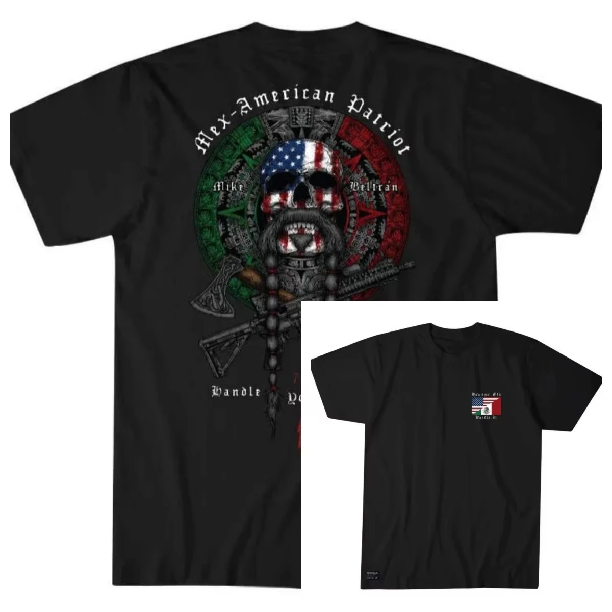 Unisex Graphic T Shirt Mex American Patriot Aztec Calendar Skull Cross Rifle Double Side Print USA Mexico Flag Color
