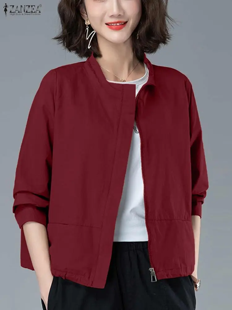 ZANZEA Podzimní stojáček Elegantní bundy Dámské zip Jednobarevné Módní kabáty Dlouhý rukáv Kapsy Vysoký pas Neformální OL Vrchní kabáty - náhled 2