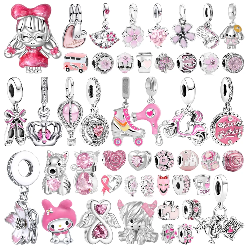 

Hot Sale Pink Series Charms Murano Glass Dolphins Flower Ball Little Girl Beads Fit Original Bracelets DIY Women Jewelry Gifts