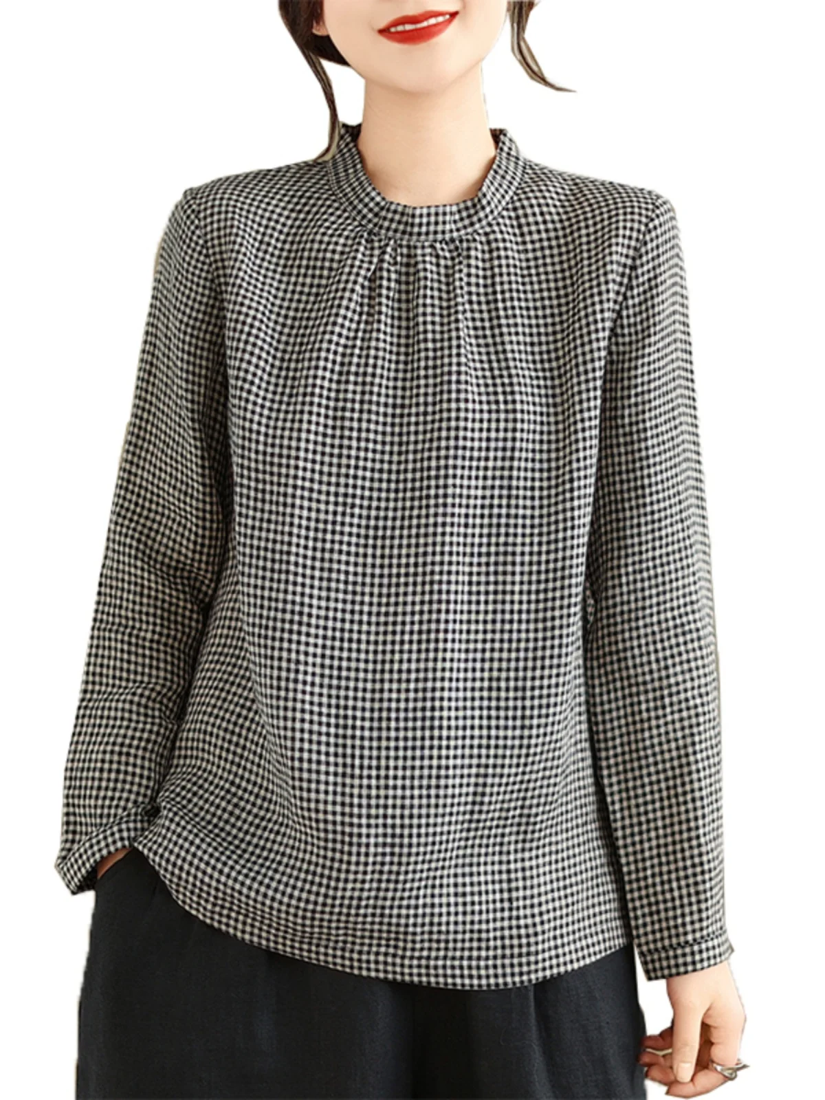 Retro Cotton Linen Plaid irt Women's Spring Autumn Loose Casual Stand Collar Long Sve T-irt Top Faion Commute Sle