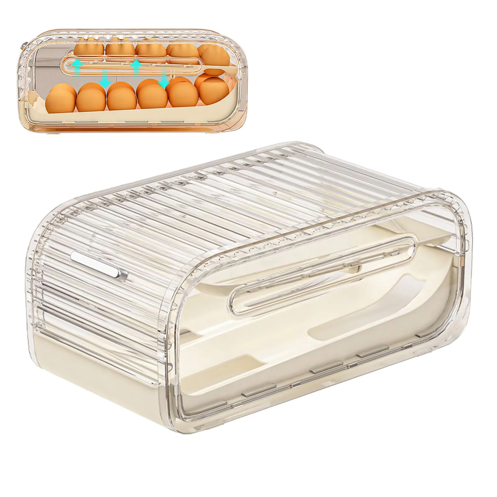

2Tier Sliding Lid Automatic Rolling Egg Holder Countertop Refrigerator Organizer