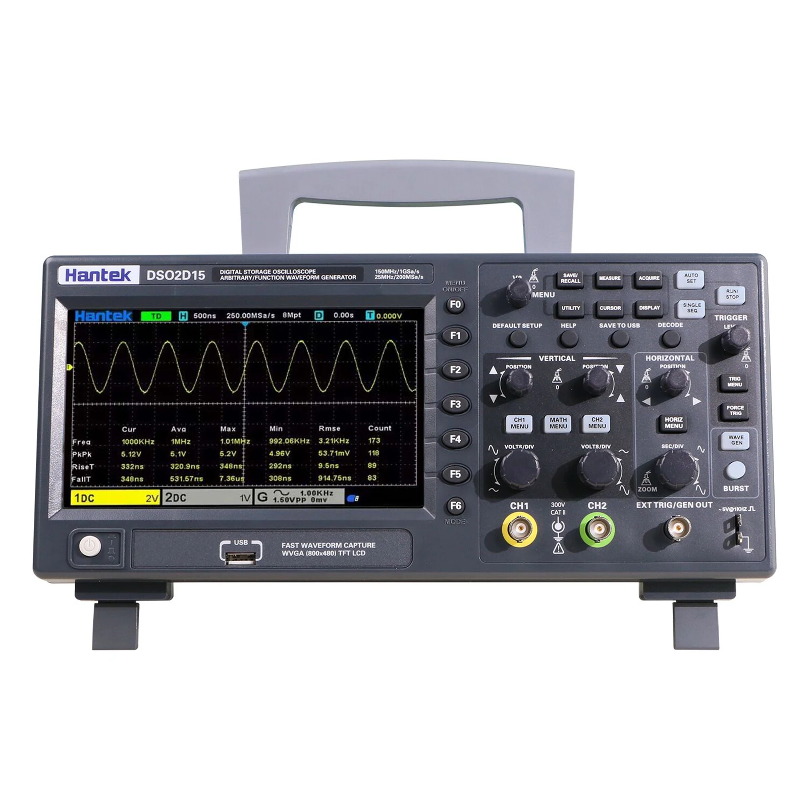 DSO2D15 Digital Oscilloscope Meter 800 * 480 Pixel 7 Inch TFT LCD Screen 2CH+1CH Channels 150MHz Band Width 1GSa/s Sampling Rate