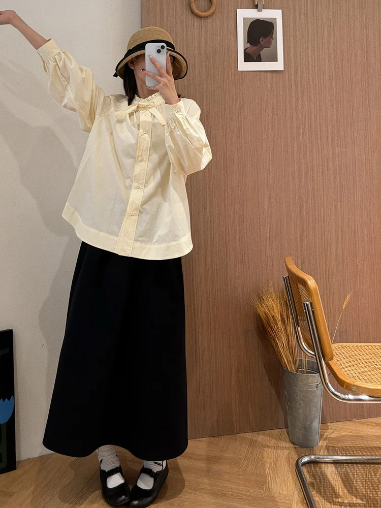 

Простая длинная юбка А-силуэта с высокой талией для женщин, эластичная талия, облегающая юбка, осенняя новинка, корейская версия, хлопковый материал