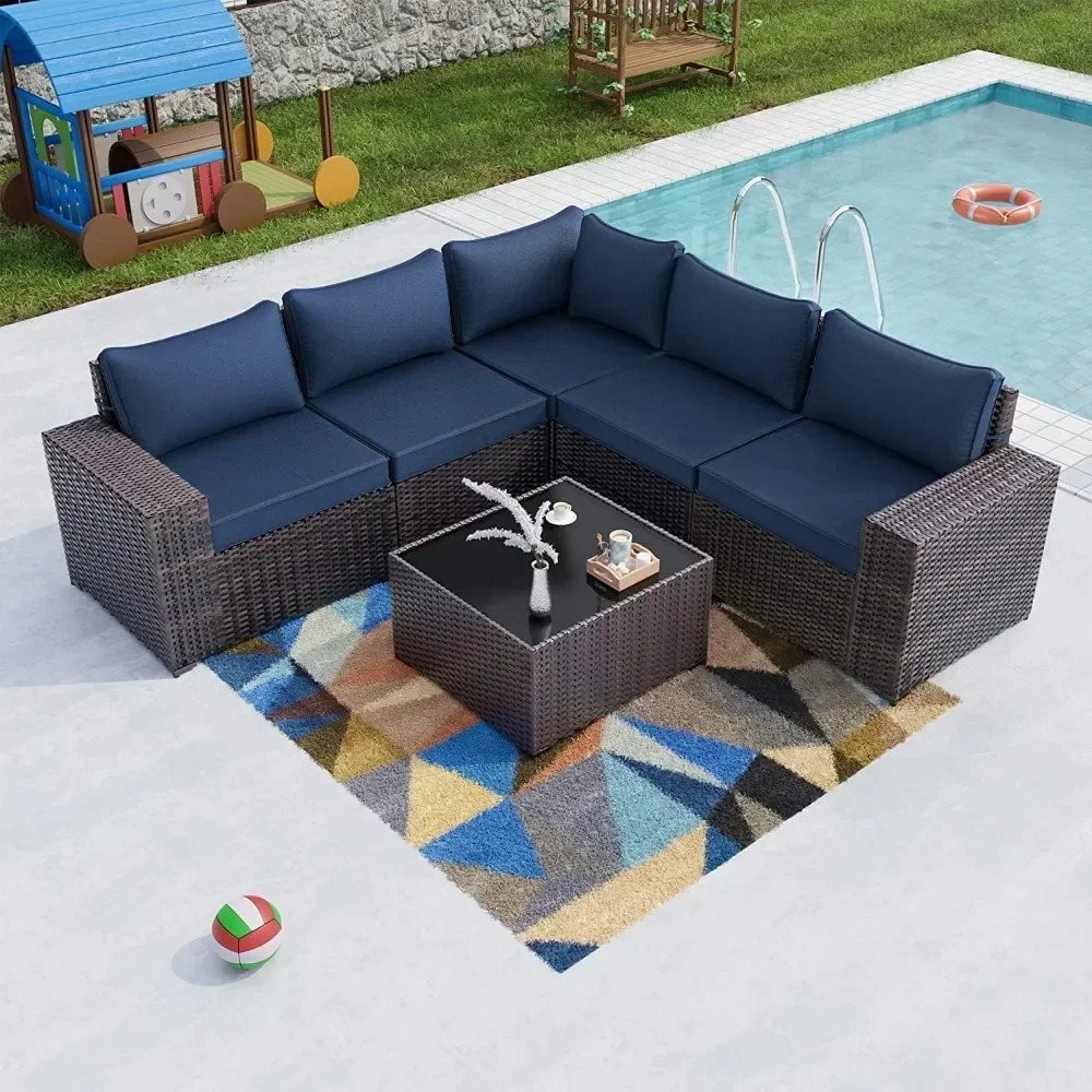 

Outdoor Patio 6 Pieces Sectional Rattan Sofa Set Patio Conversation Set with 5 Seat Cushions and 1 Tempered Glass Table