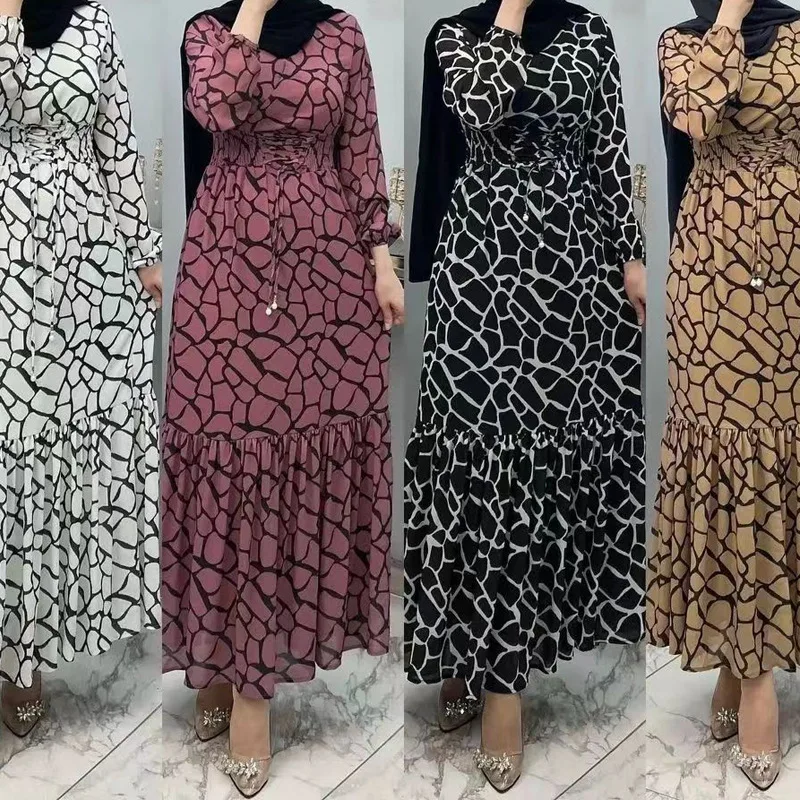 

Modest Eid Print Muslim Dress for Women Ramadan Caftan Arabic Abaya Dubai Islam Clothes Turkish Evening Party Dresses Hijab Robe