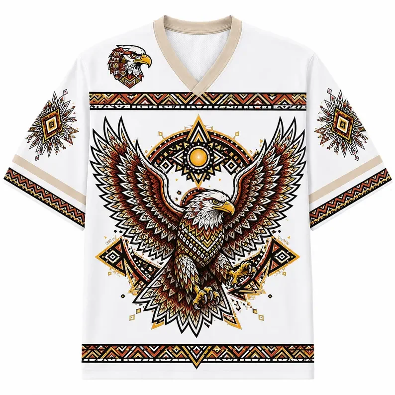 3D Printed Aztec Tribe Eagle T-shirt Breathable Mesh V-neck White Beige Number 11 Native Geometric Retro Knitted Street Top