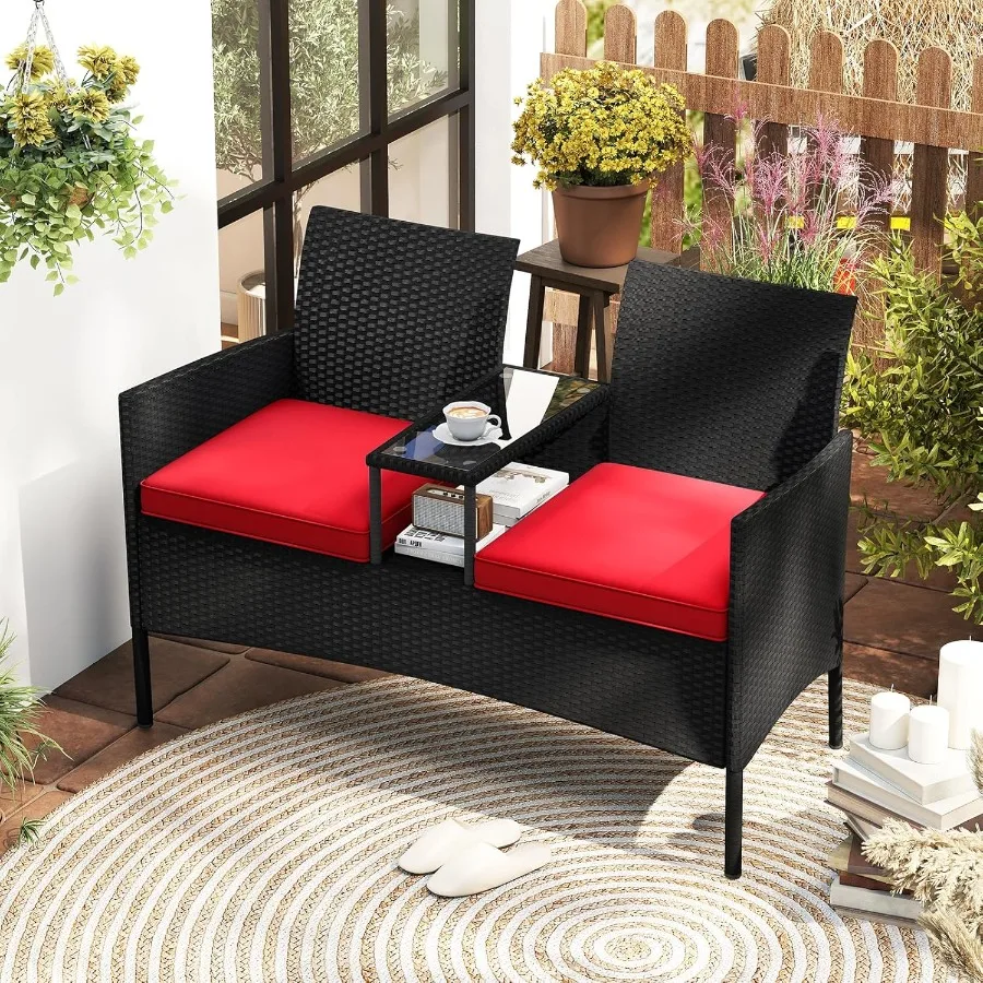 Tangkula Patio Loveseat met ingebouwde tafel Rieten 2-zitsmeubilair met zachte kussens Gehard glazen tafelblad Metalen frame Outdoo