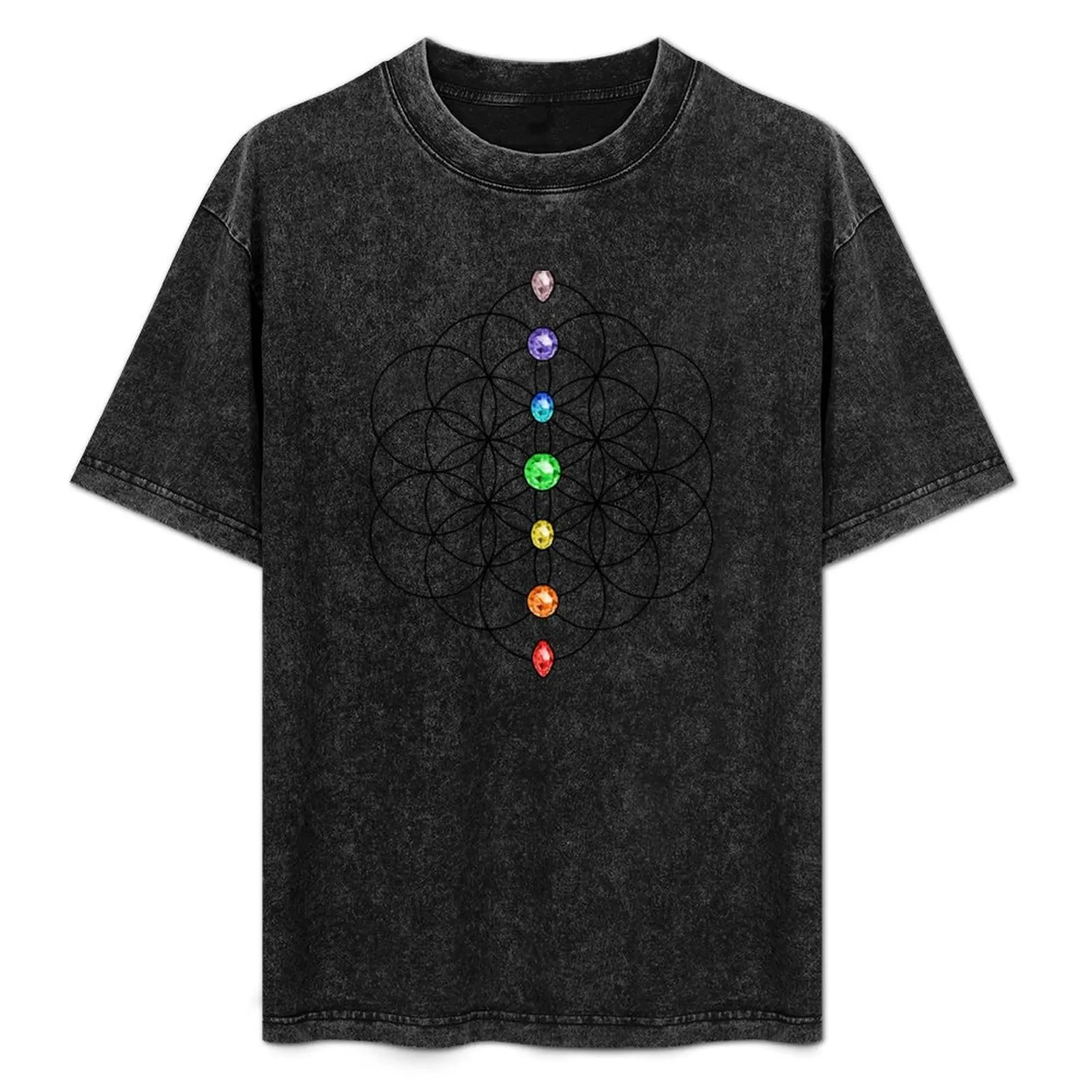 Sacred Geometry, Flower of Life with Rainbow Chakra Stones T-Shirt tees anime mens funny t shirts