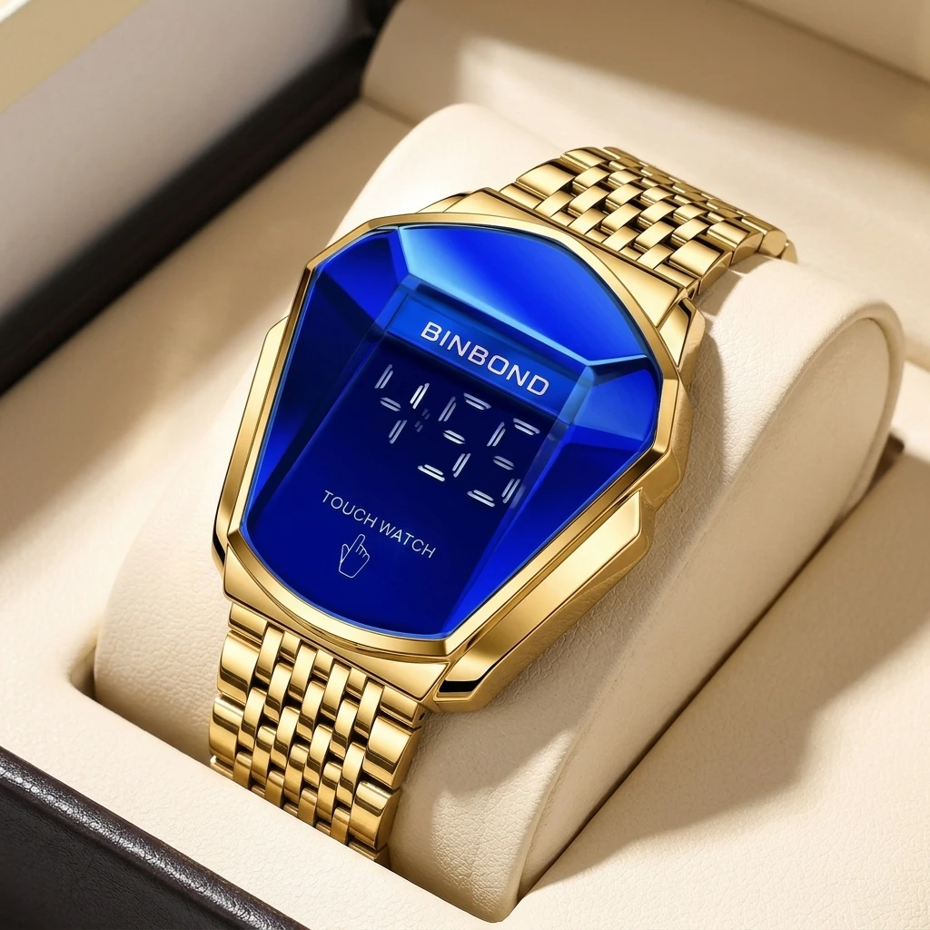

1 piece Fashion Polygon Case Touch Watch Blue Mirror Digital Display Metal Strap Trendy Unisex Daily Casual