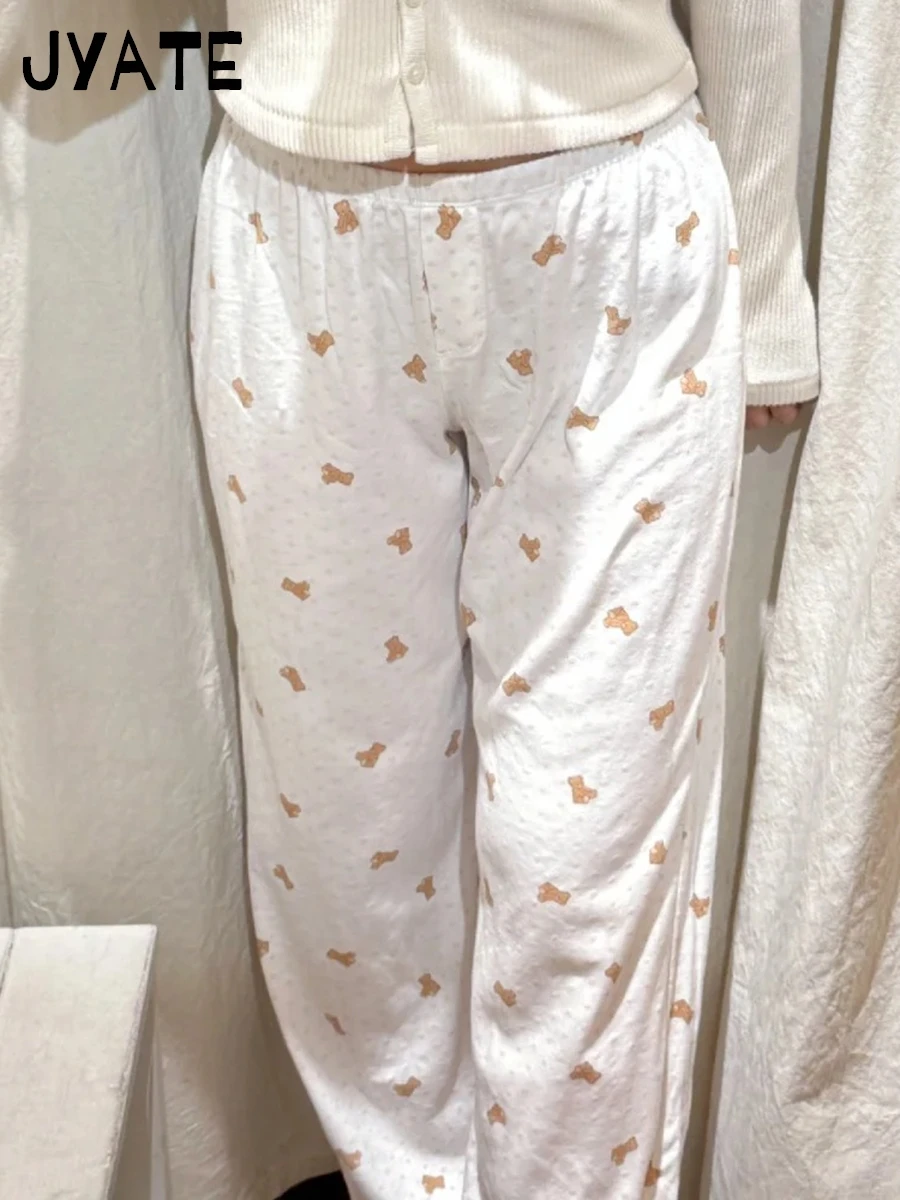 Cute Heart Little Bear Print Long Pants Women Summer New Cotton Soft Casual Elastic Waist Pant Sweet Vintage Chic Trousers Y2K