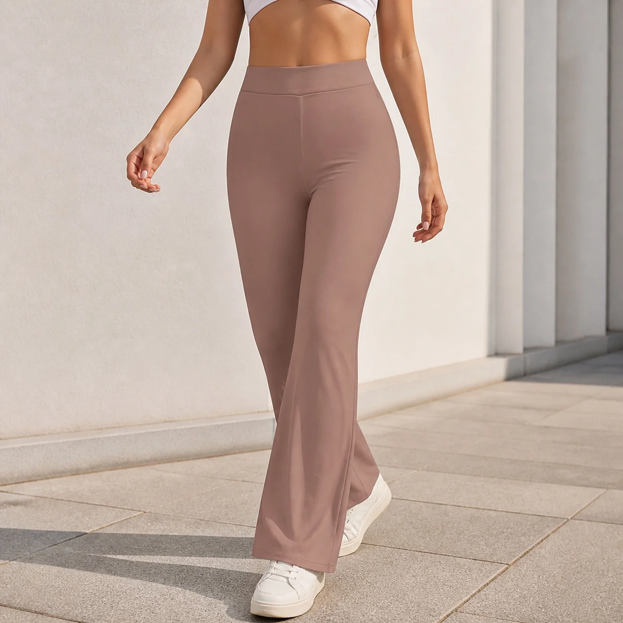 Casual High Waist Pants with Slight Flare Full Length Slight Stretch Regular Thickness Ribbed Japanese Korean Casual Women Pants