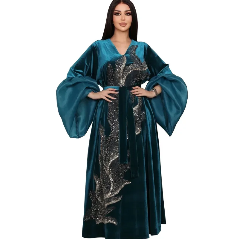 

Abayas for Women Autumn Fashion Muslim Women Long Sleeve V-neck Black Blue Long Abaya Dubai Abaya Muslim Dress Women S-2XL