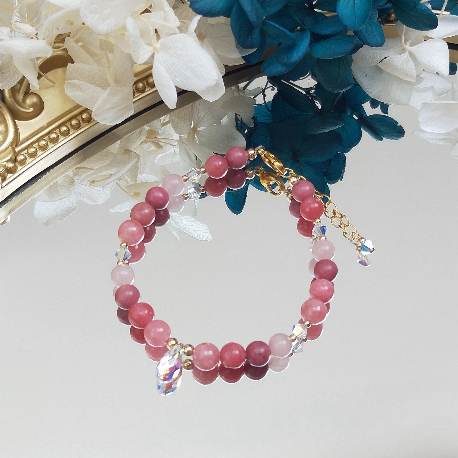 Lii Ji Natural Thulite Rose Quartz Rhodochrosite Rhodonite 6mm 18+3cm 14K Gold Filled Charms Bracelet Handmade Fashion Jewelry