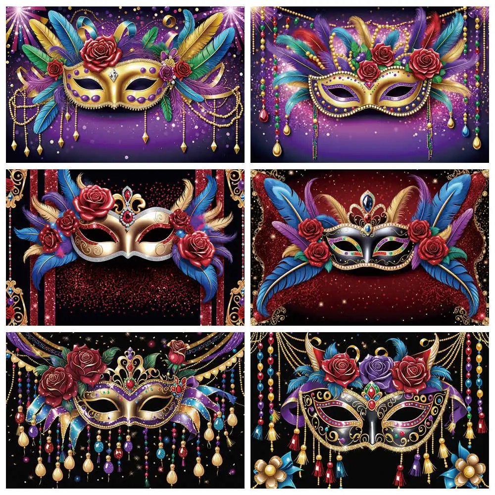 

MOON.QG Carnival Party Mardi Gras Backdrop Masquerade Decoration Photography Background Sign Mask Feather Glitter Banner Poster