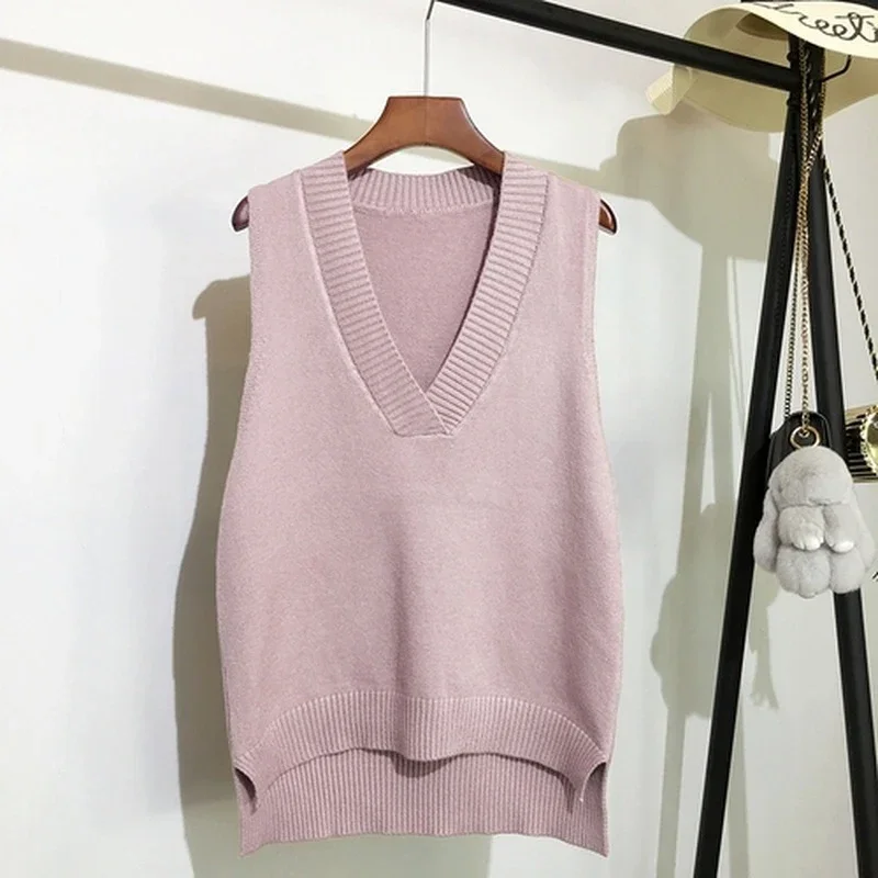 2024 Fashion New Sleeveless Loose Solid Color Women Vest Sweater V-neck Knitted Pullover Top Casual Elegant Knitwear