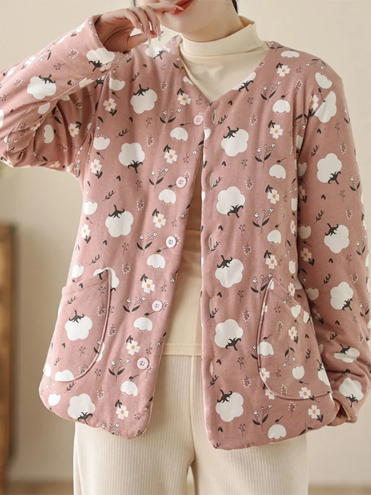 

Хлопковая куртка с цветочным принтом, женская свободная посадка, круглое хлопковое винтажное зимнее пальто с внутренней стороны, возрастная верхняя одежда