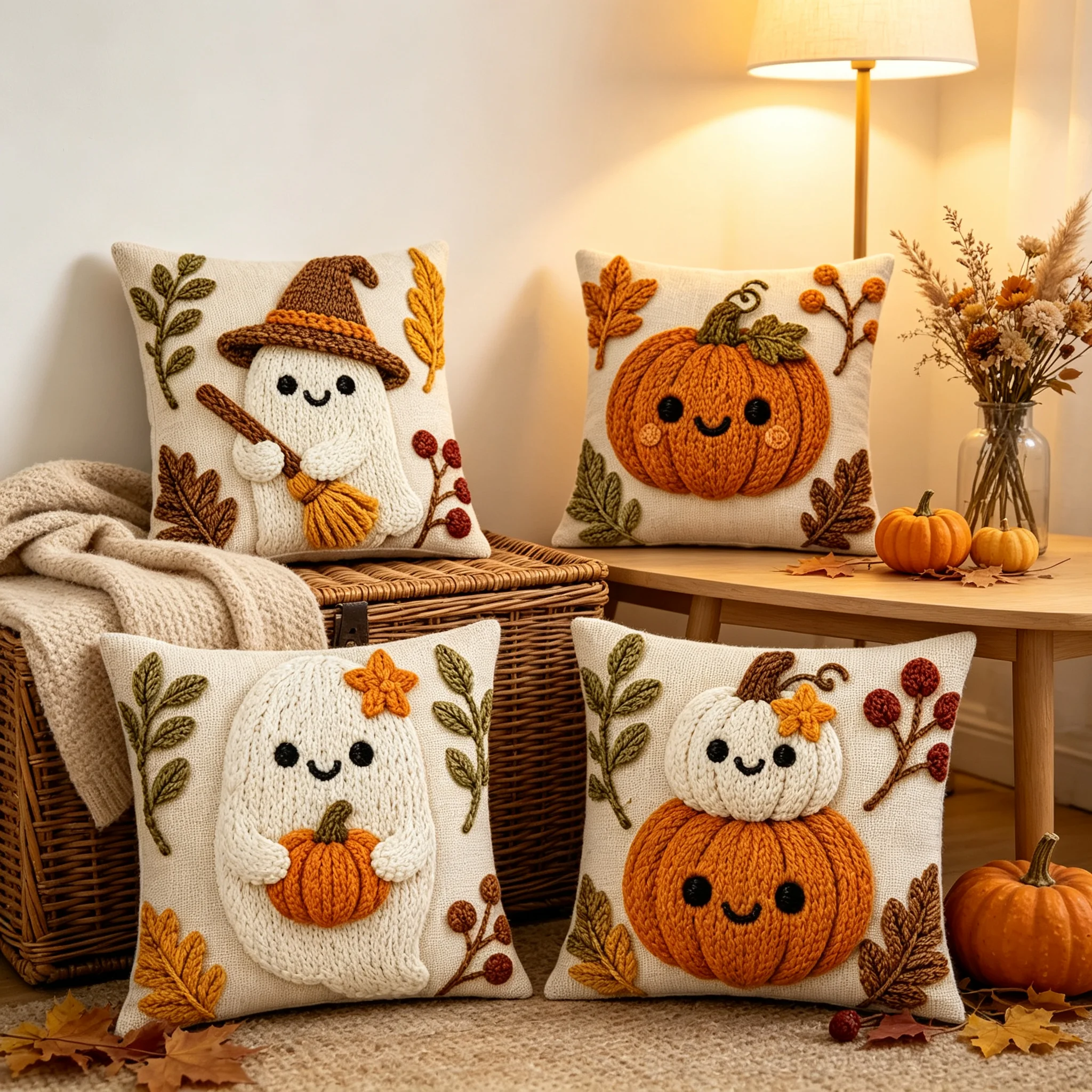 4Pcs Fall Ghost Pumpkin Pillow Covers Knit Look Print Cushion Covers Autumn Holiday Home Sofa Decoration